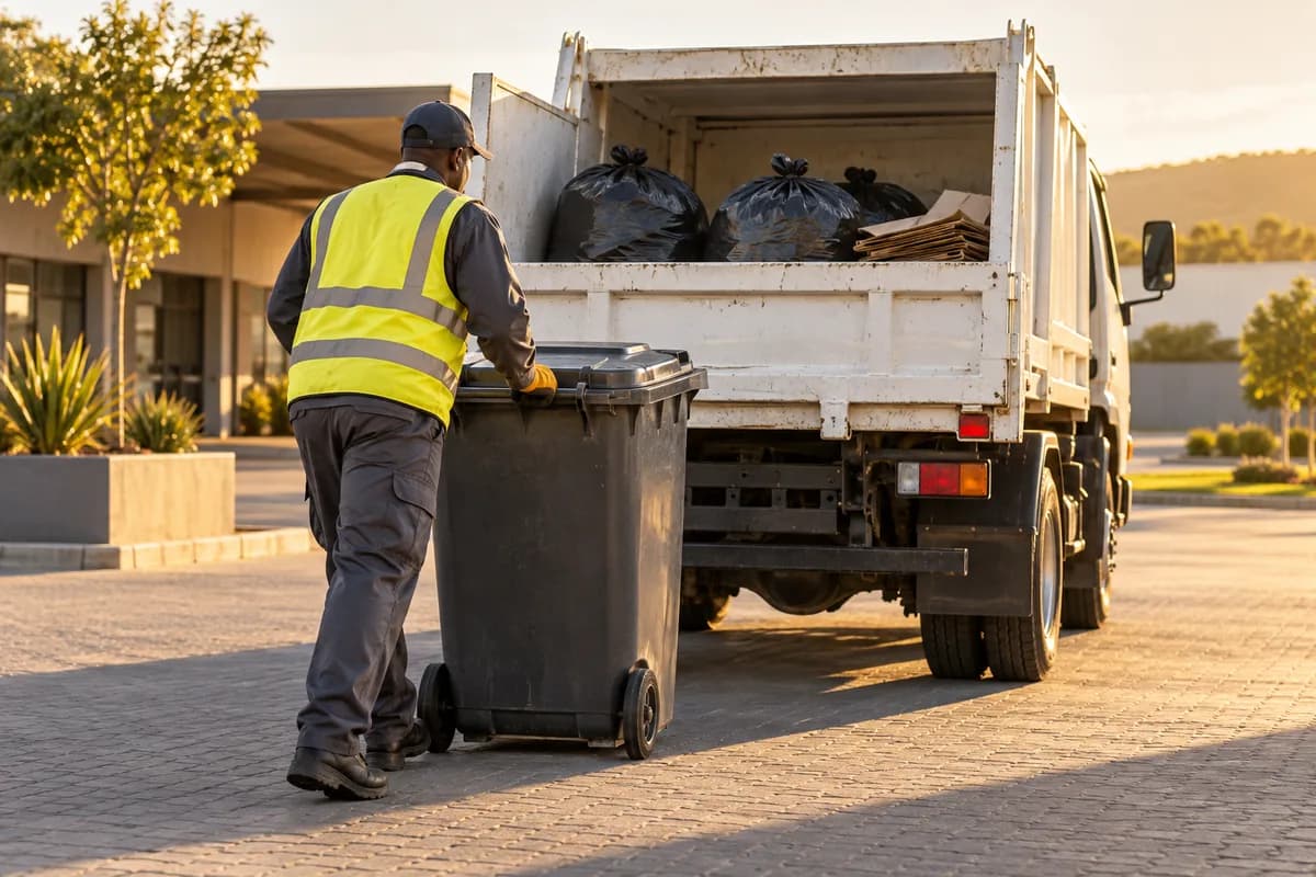 Illustrative image of a waste collector wheeling a refuse bin towards a collection truck